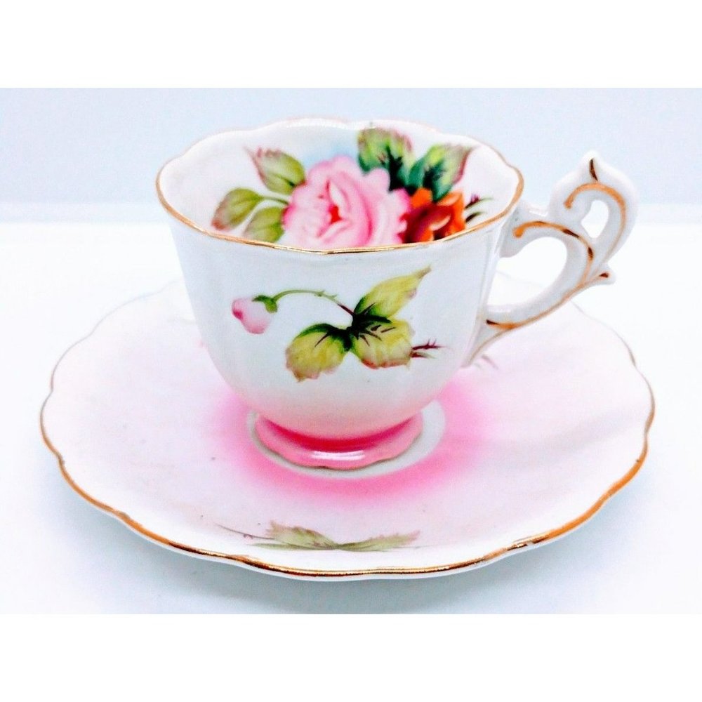 Tea cup Bone China Porcelain vintage roses flowers pink hand painted